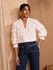 Love & Roses White Ecru Cherry Embroidery Pie Crust Detail 3/4 Sleeve Blouse - Image 1 of 4