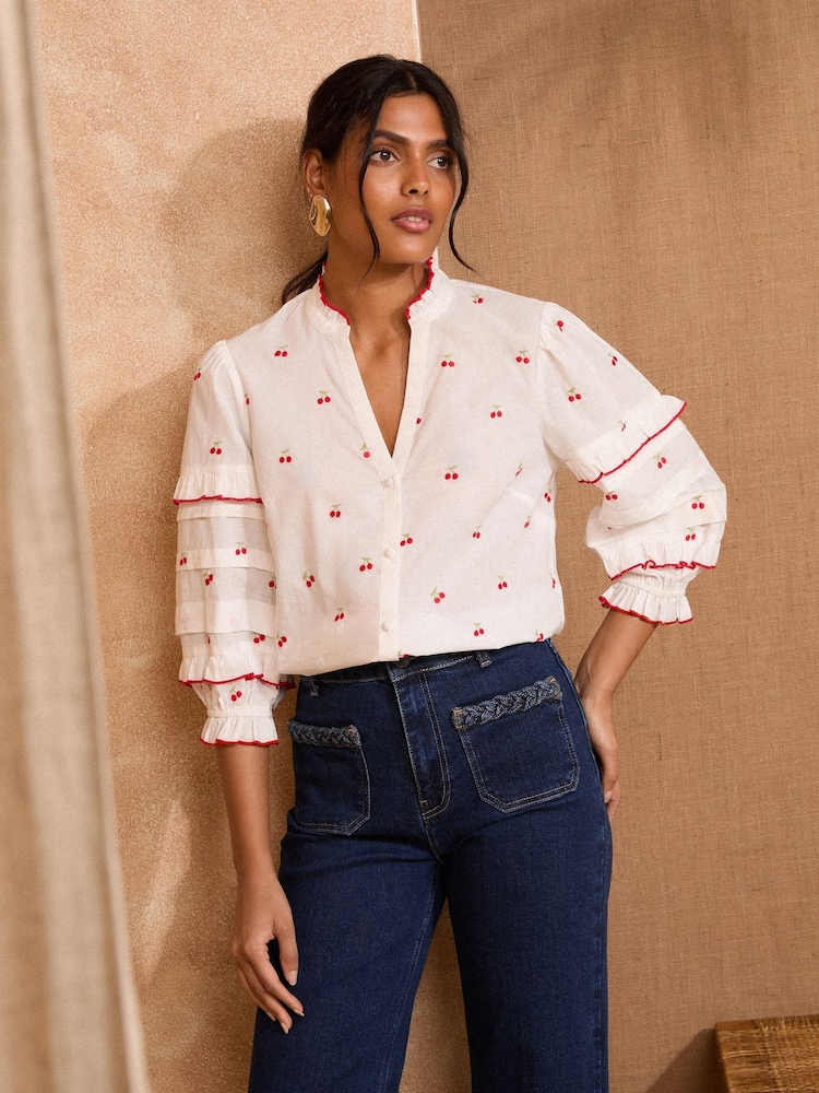 Love & Roses White Ecru Cherry Embroidery Pie Crust Detail 3/4 Sleeve Blouse - Image 1 of 4 Love & Roses White Ecru Cherry Embroidery Pie Crust Detail 3/4 Sleeve Blouse - Image 1 of 4