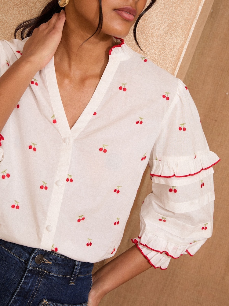 Love & Roses White Ecru Cherry Embroidery Pie Crust Detail 3/4 Sleeve Blouse - Image 2 of 4 Love & Roses White Ecru Cherry Embroidery Pie Crust Detail 3/4 Sleeve Blouse - Image 2 of 4