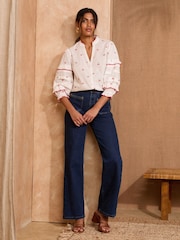 Love & Roses White Ecru Cherry Embroidery Pie Crust Detail 3/4 Sleeve Blouse - Image 3 of 4