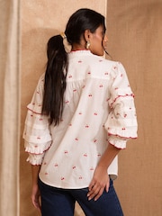 Love & Roses White Ecru Cherry Embroidery Pie Crust Detail 3/4 Sleeve Blouse - Image 4 of 4