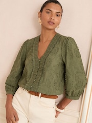 Love & Roses Khaki/Green 3D Floral 3/4 Sleeve V-Neckline Blouse - Image 1 of 4