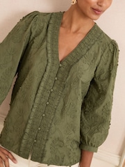 Love & Roses Khaki/Green 3D Floral 3/4 Sleeve V-Neckline Blouse - Image 2 of 4