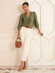 Love & Roses Khaki/Green 3D Floral 3/4 Sleeve V-Neckline Blouse - Image 3 of 4