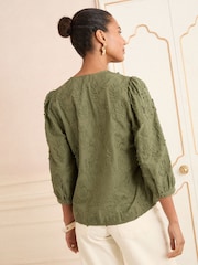 Love & Roses Khaki/Green 3D Floral 3/4 Sleeve V-Neckline Blouse - Image 4 of 4