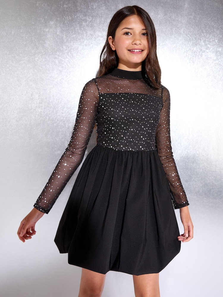 Lipsy Black Glitter Mesh 2-in-1 Bubble Hem Party Dress (5-16yrs) - Image 1 of 4