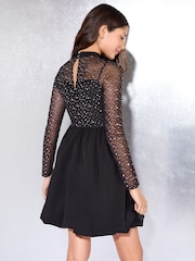 Lipsy Black Glitter Mesh 2-in-1 Bubble Hem Party Dress (5-16yrs) - Image 2 of 4