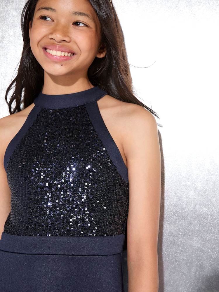 Lipsy Navy Blue Sequin 2-in-1 Party Dress (5-16yrs) - Image 2 of 4
