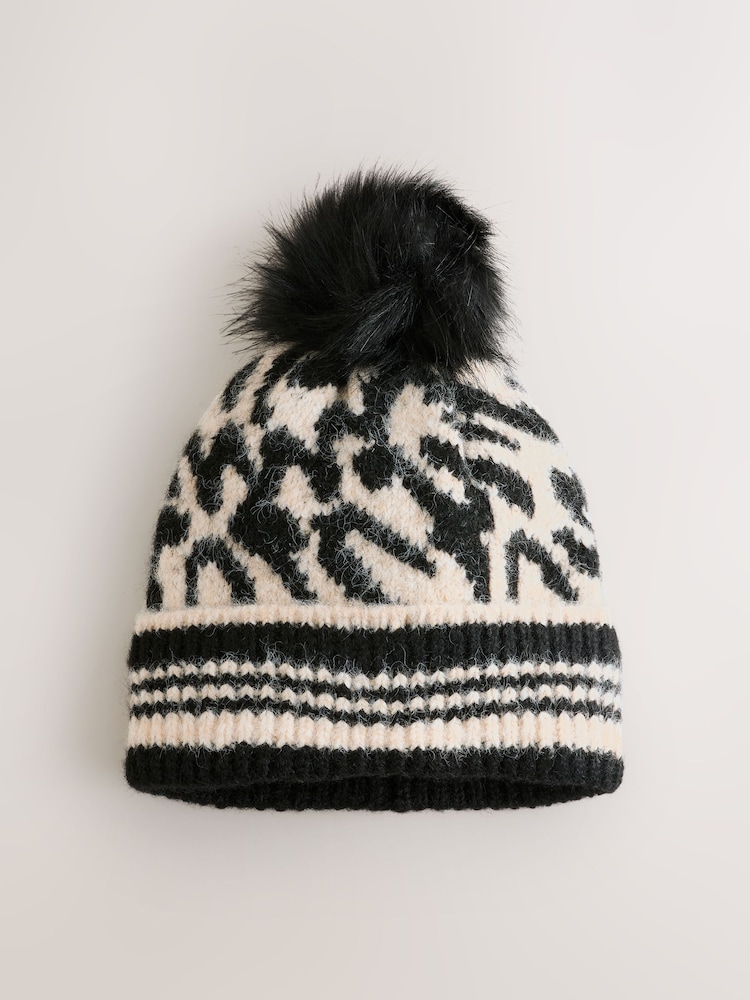 Black/White Animal Knitted Pom Hat - Image 1 of 3