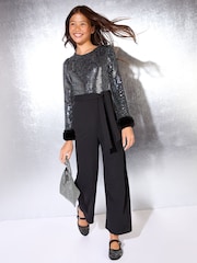 Lipsy Black Sequin Faux Fur Cuff Party Jumpsuit (5-16yrs) - Image 1 of 4