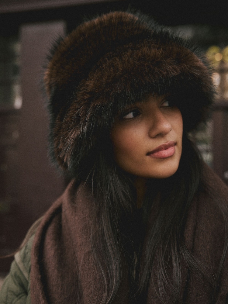 Evan’s Dark Brown Fur Bucket Hat Darker Wavs Faux Fur Oversized Bucket Hat - Dark Brown  main image 4