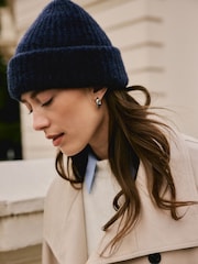 Navy Knitted Ribbed Beanie Hat Containing RAS Alpaca - Image 1 of 10