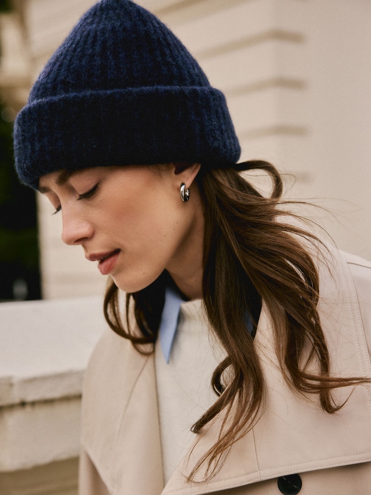 Navy Knitted Ribbed Beanie Hat Containing RAS Alpaca - Image 1 of 10