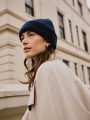 Navy Knitted Ribbed Beanie Hat Containing RAS Alpaca - Image 3 of 10