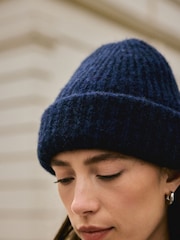 Navy Knitted Ribbed Beanie Hat Containing RAS Alpaca - Image 4 of 10