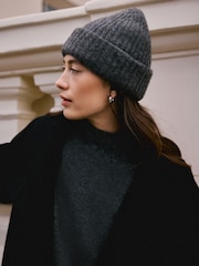 Charcoal Grey Knitted Ribbed Beanie Hat Containing RAS Alpaca - Image 1 of 10
