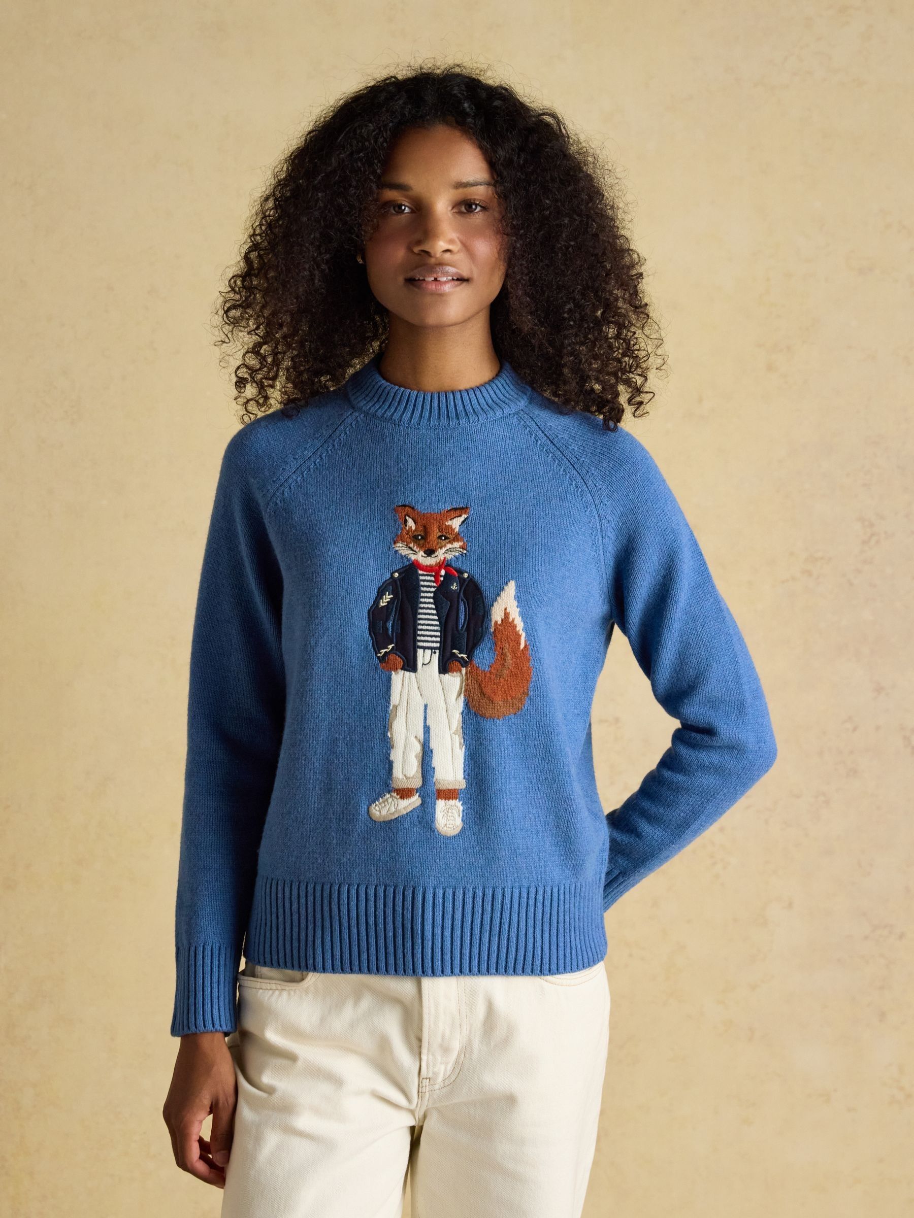 Buy Joules Blue Jonty Fox Embroidered Cotton-Rich Crew Neck Jumper