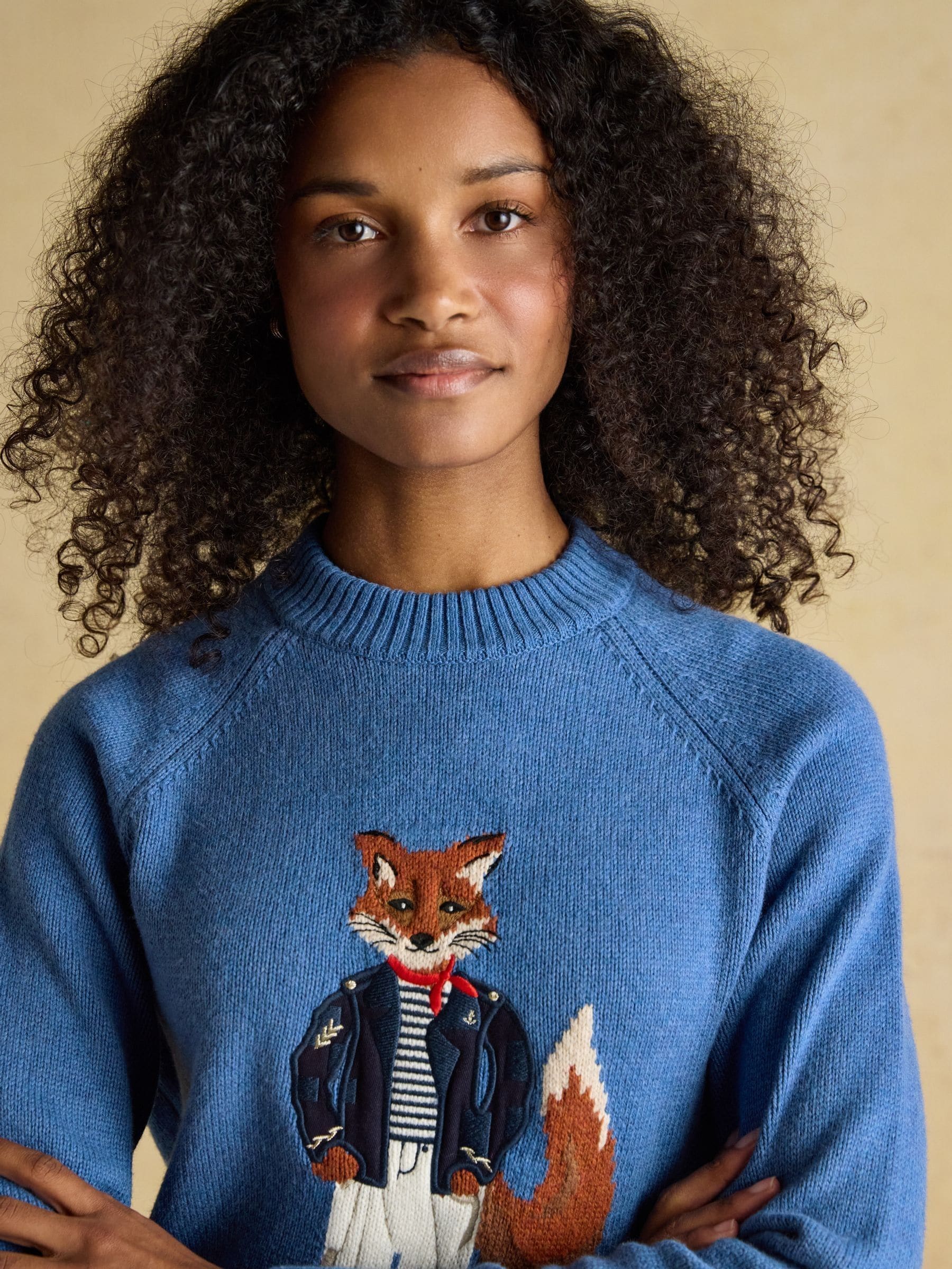 Buy Joules Blue Jonty Fox Embroidered Cotton-Rich Crew Neck Jumper