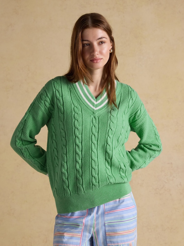Joules Green Cable Knit Cricket Cotton Jumper - Image 1 of 8