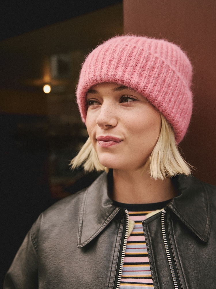 Raspberry Pink Ribbed Beanie Containing Wool Hat - Image 1 of 7