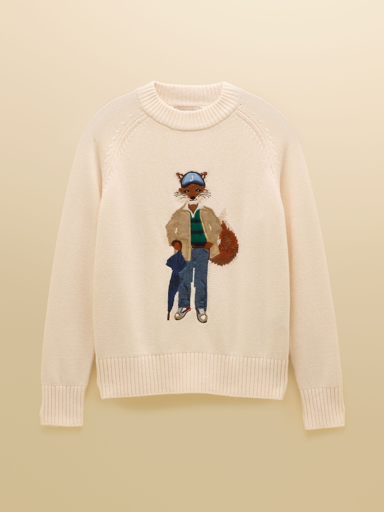 Joules April Showers Cream Jonty Fox Embroidered Cotton-Rich Crew Neck Jumper - Image 10 of 10