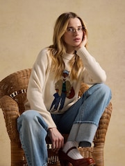 Joules April Showers Cream Jonty Fox Embroidered Cotton-Rich Crew Neck Jumper - Image 3 of 10