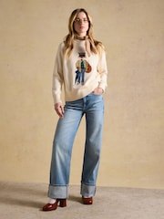 Joules April Showers Cream Jonty Fox Embroidered Cotton-Rich Crew Neck Jumper - Image 4 of 10