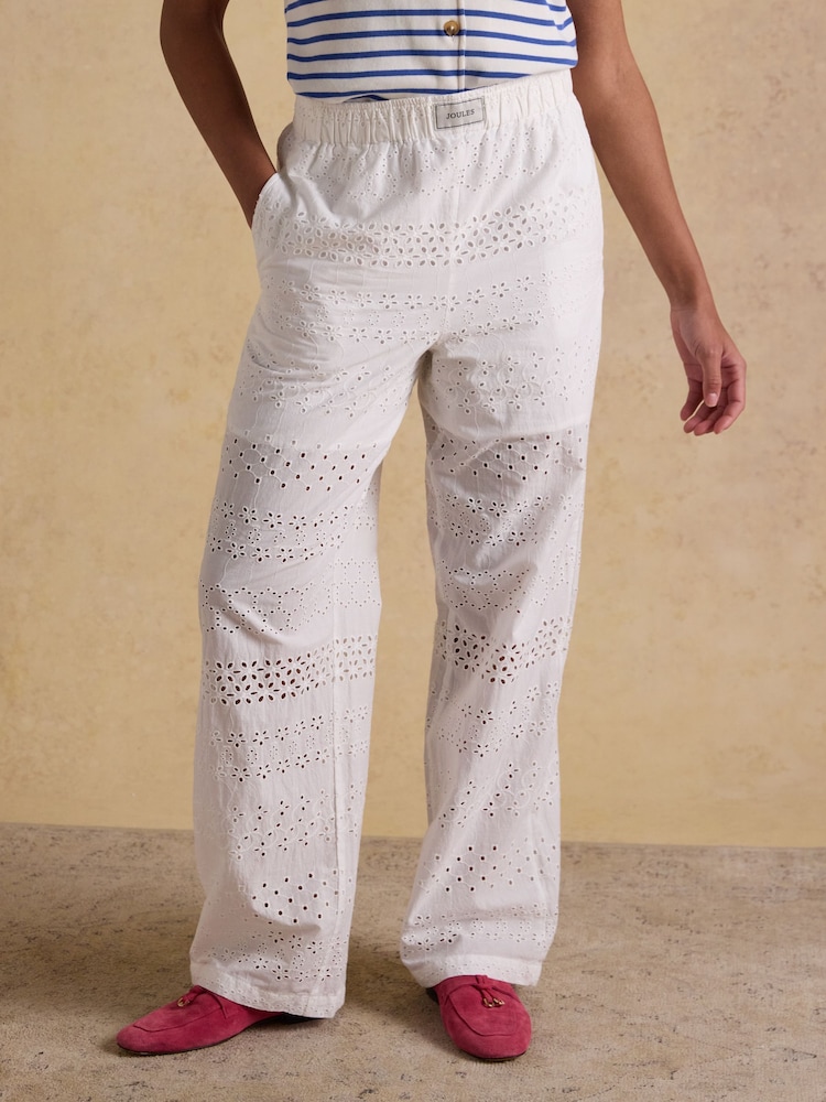 Joules Hallie White Broderie Pull On Cotton Trousers - Image 1 of 6