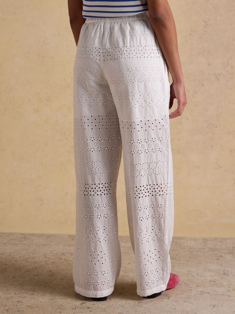Joules Hallie White Broderie Pull On Cotton Trousers - Image 2 of 6