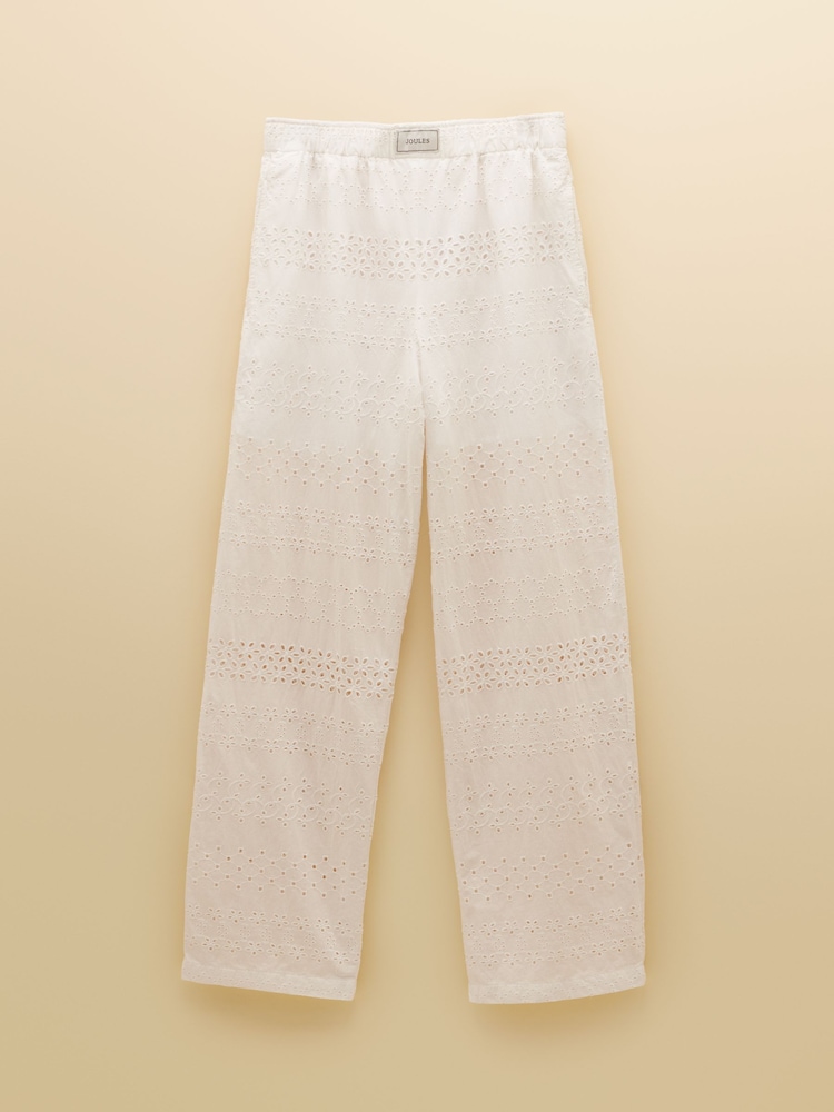 Joules Hallie White Broderie Pull On Cotton Trousers - Image 6 of 6