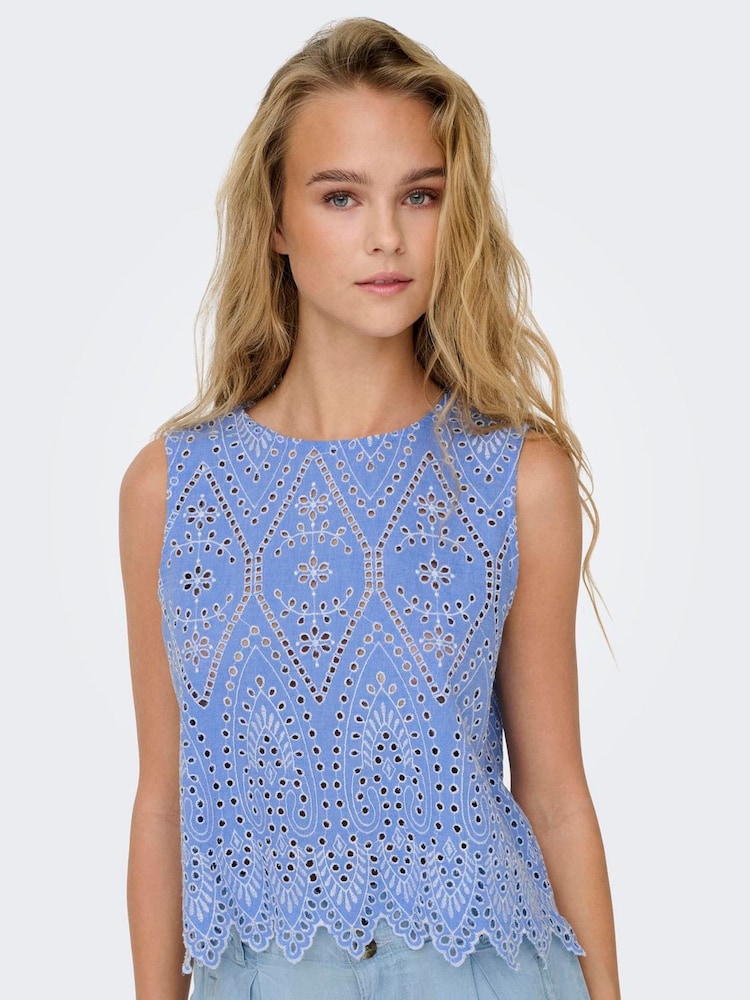 ONLY Blue Broderie Edge 100% Cotton Blouse - Image 1 of 6
