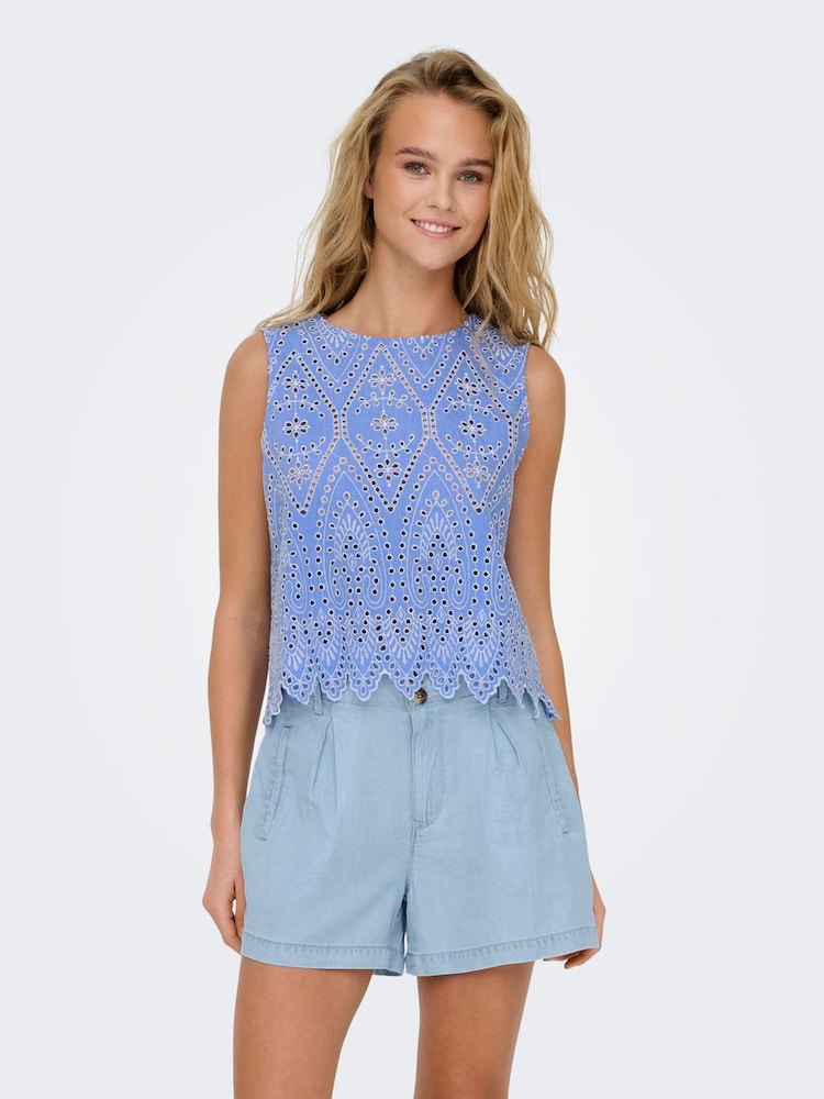 ONLY Blue Broderie Edge 100% Cotton Blouse - Image 2 of 6