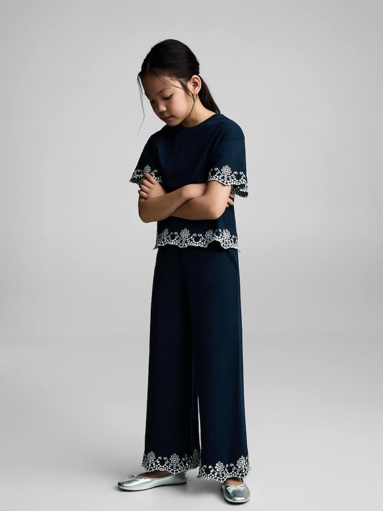 Mango Blue Embroidered Detail 100% Cotton T-Shirt - Image 1 of 6