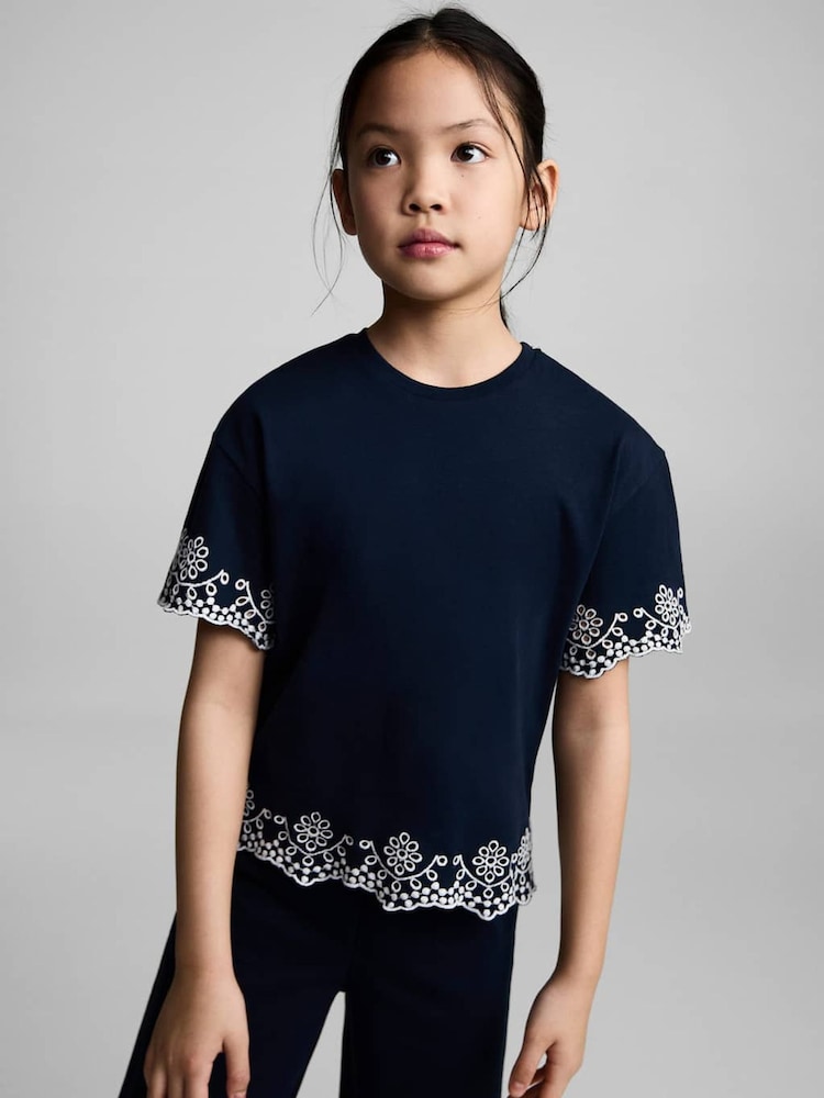 Mango Blue Embroidered Detail 100% Cotton T-Shirt - Image 2 of 6