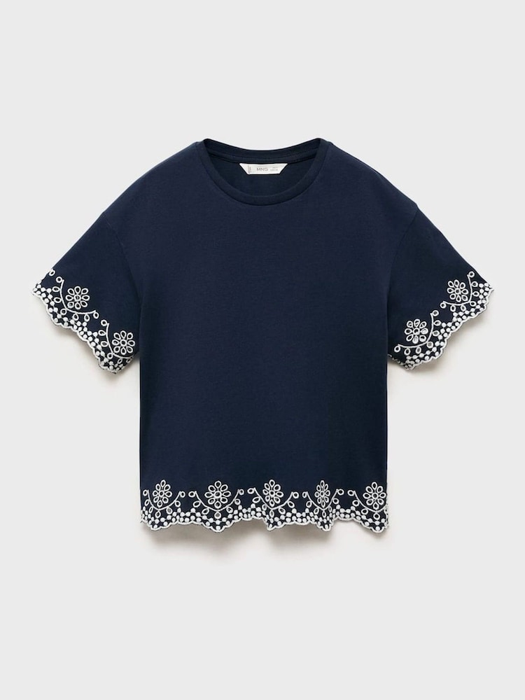 Mango Blue Embroidered Detail 100% Cotton T-Shirt - Image 5 of 6