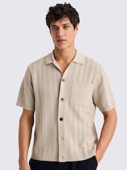 MOSS Natural Short Sleeve Neutral Chevron Pointelle Knitted Shirt - Image 1 of 5