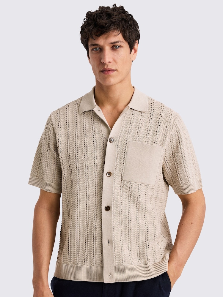 MOSS Natural Short Sleeve Neutral Chevron Pointelle Knitted Shirt - Image 1 of 5