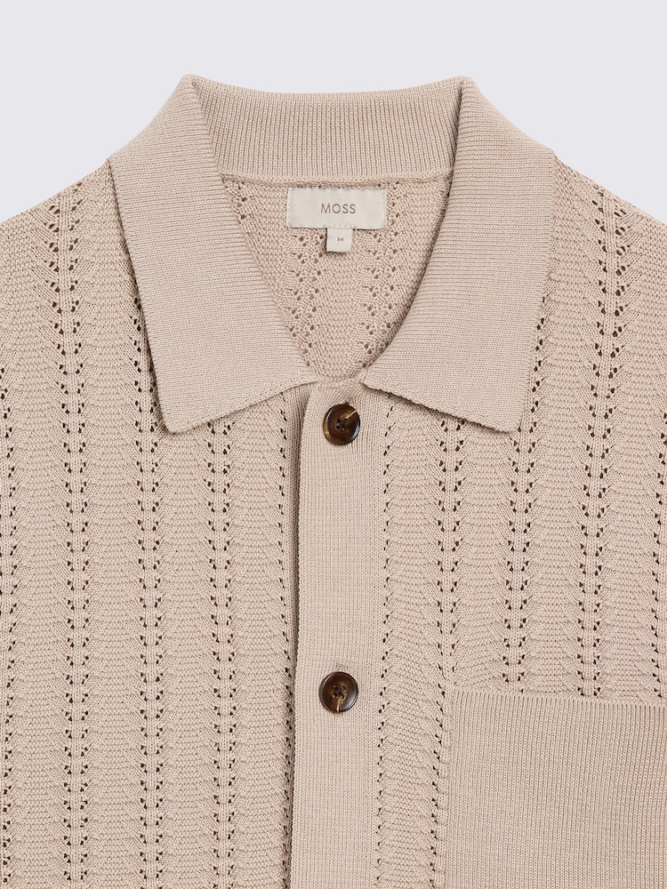 MOSS Natural Short Sleeve Neutral Chevron Pointelle Knitted Shirt - Image 5 of 5