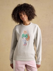 Joules Grey Marl Jonty Fox Embroidered Cotton Crew Neck Sweatshirt - Image 1 of 8
