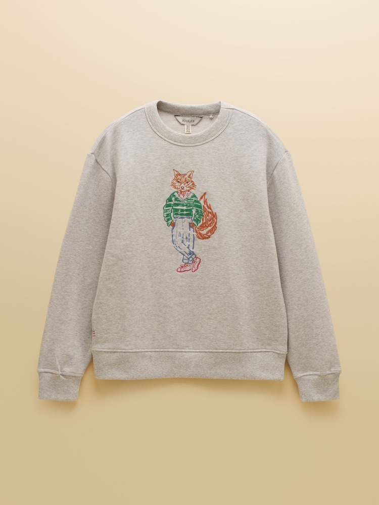 Joules Grey Marl Jonty Fox Embroidered Cotton Crew Neck Sweatshirt - Image 11 of 11