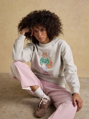 Joules Grey Marl Jonty Fox Embroidered Cotton Crew Neck Sweatshirt - Image 3 of 8