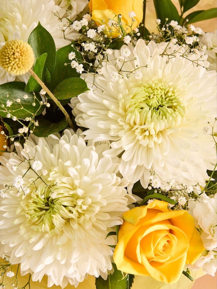 Yellow Bloom Chrysanthemum and Rose Fresh Flower Bouquet in Hatbox - Image 2 of 4