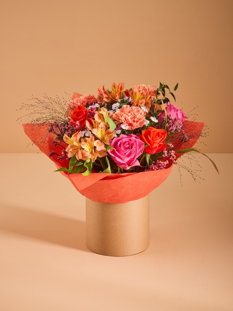 Pink/Orange Rose and Carnations Fresh Flower Bouquet in Hatbox - Image 1 of 6