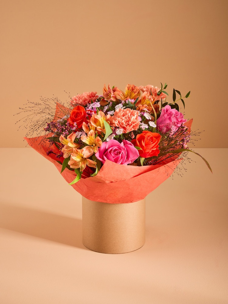 Pink/Orange Rose and Carnations Fresh Flower Bouquet in Hatbox - Image 2 of 6