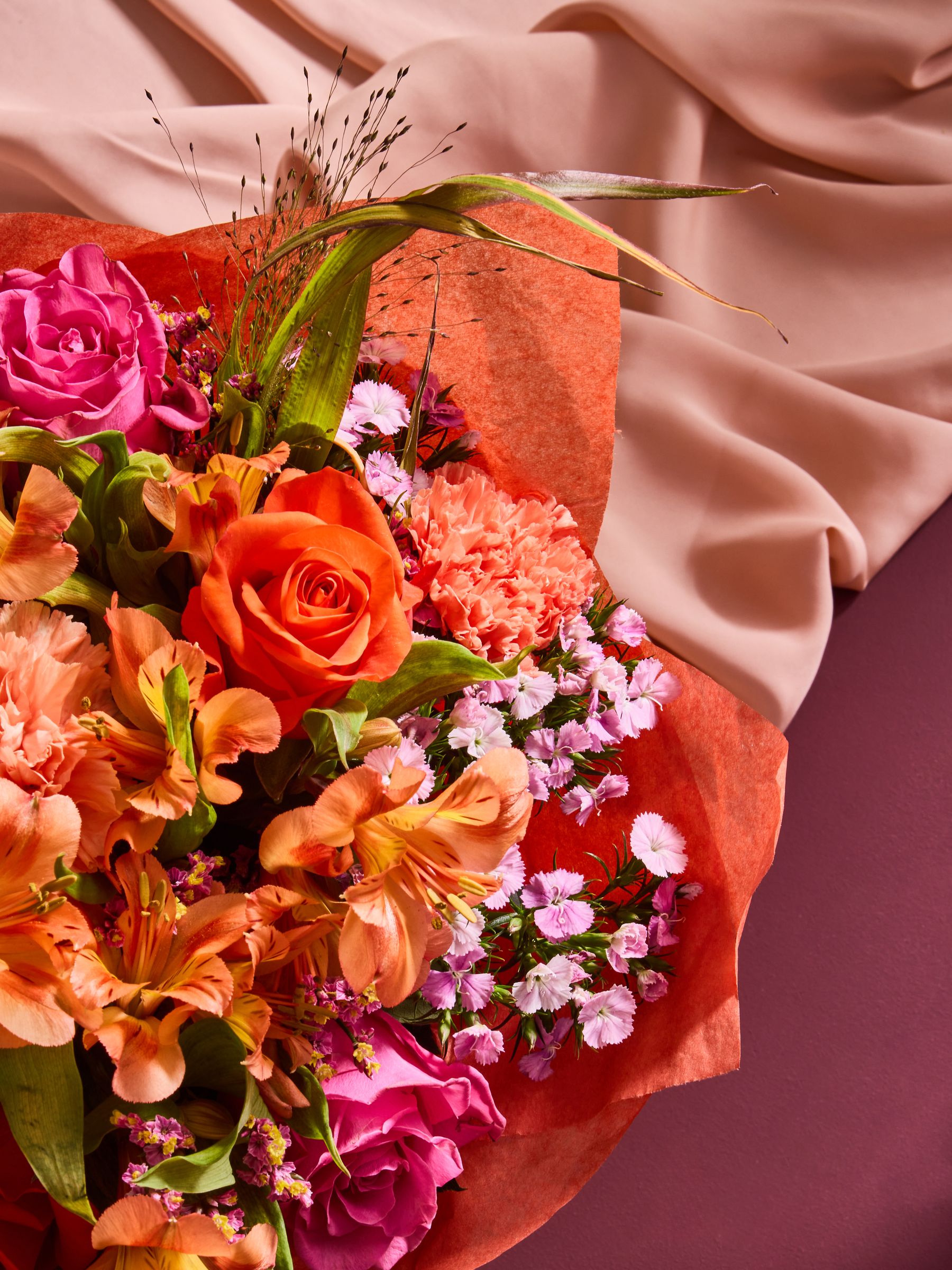 Buy Pink/Orange Rose and Carnations Fresh Flower Bouquet in Hatbox