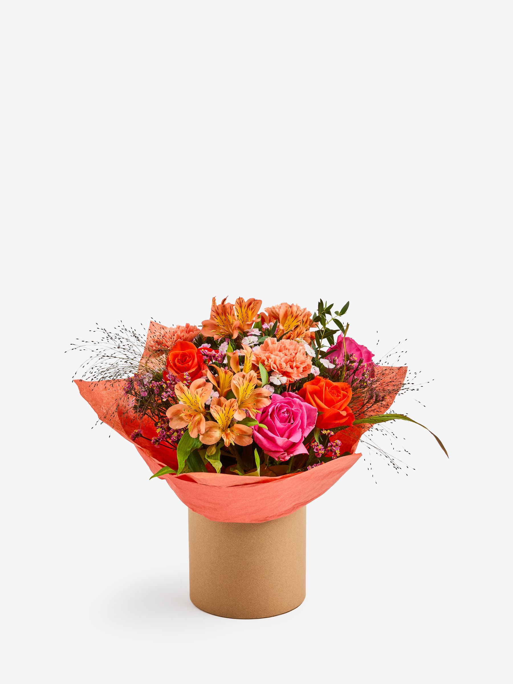 Buy Pink/Orange Rose and Carnations Fresh Flower Bouquet in Hatbox