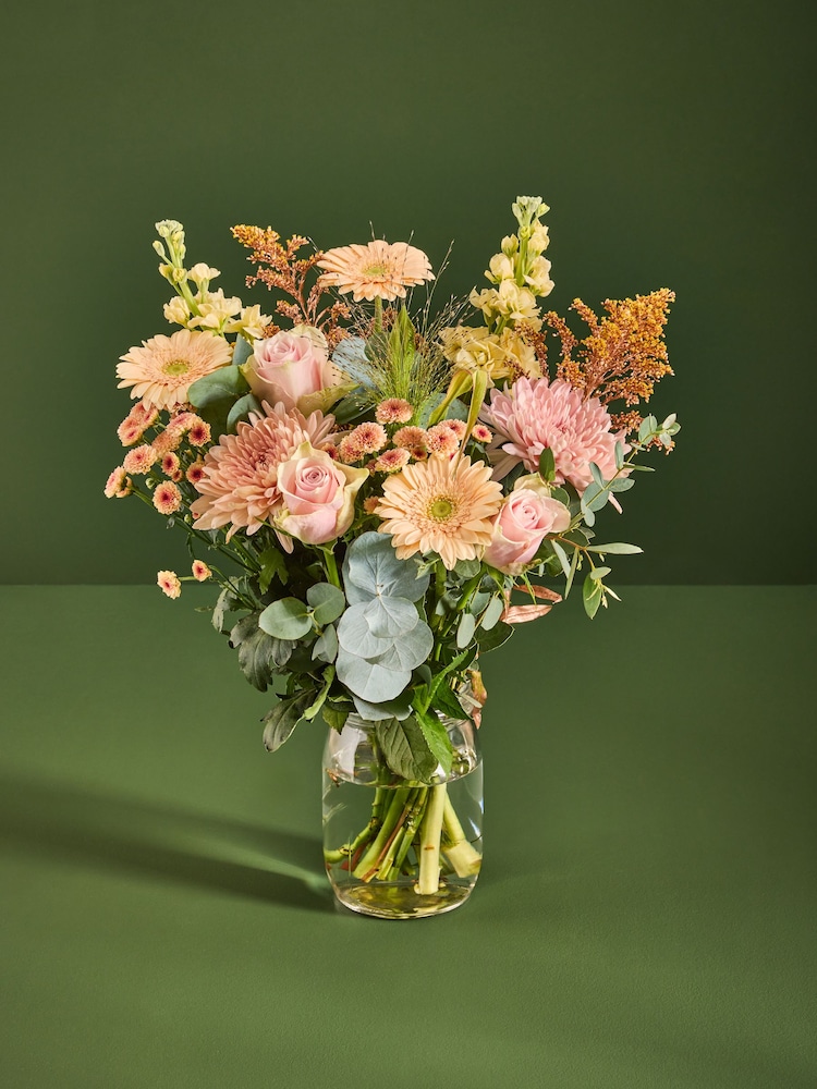 Peach Pink Germini and Rose Fresh Flower Bouquet With Vase - Image 2 of 6
