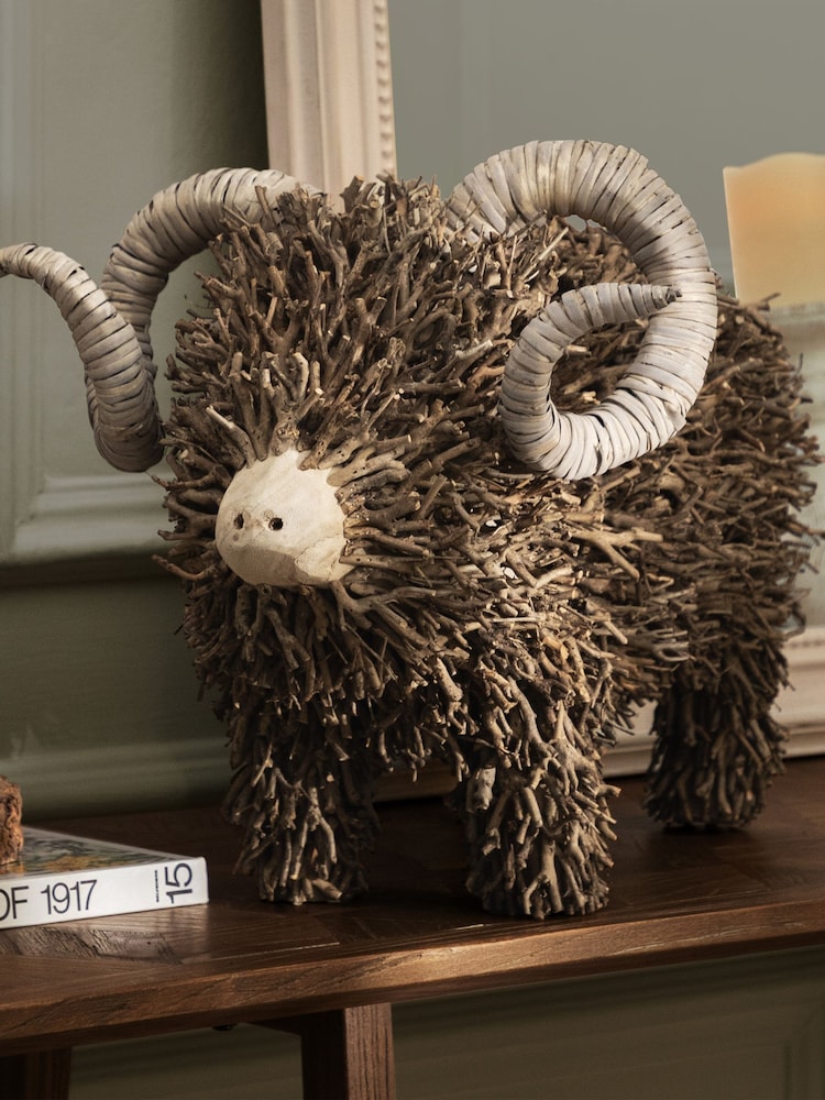 Voyage Maison Brown Betty Hand Crafted Ram Wooden Sculpture - Image 1 of 4