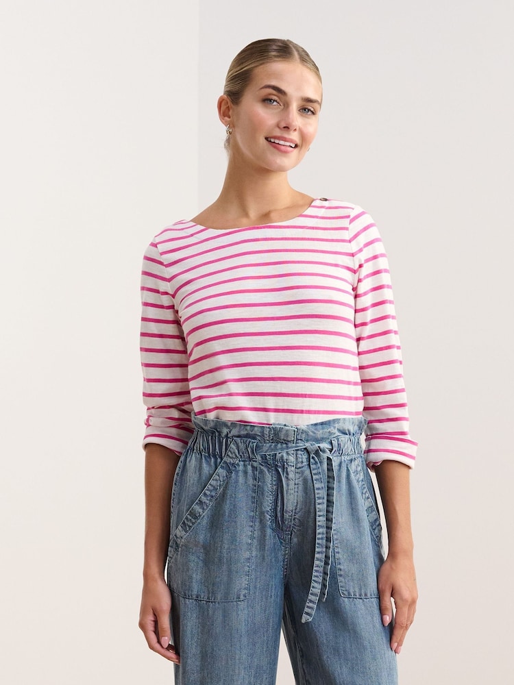 Hatley Pink 100% Cotton Fuchsia Stripes Button Breton T-Shirt - Image 1 of 3