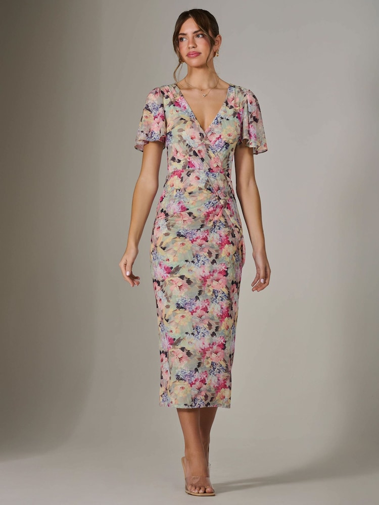 Jolie Moi Green Mesh Short Sleeve Midi Dress - Image 1 of 6